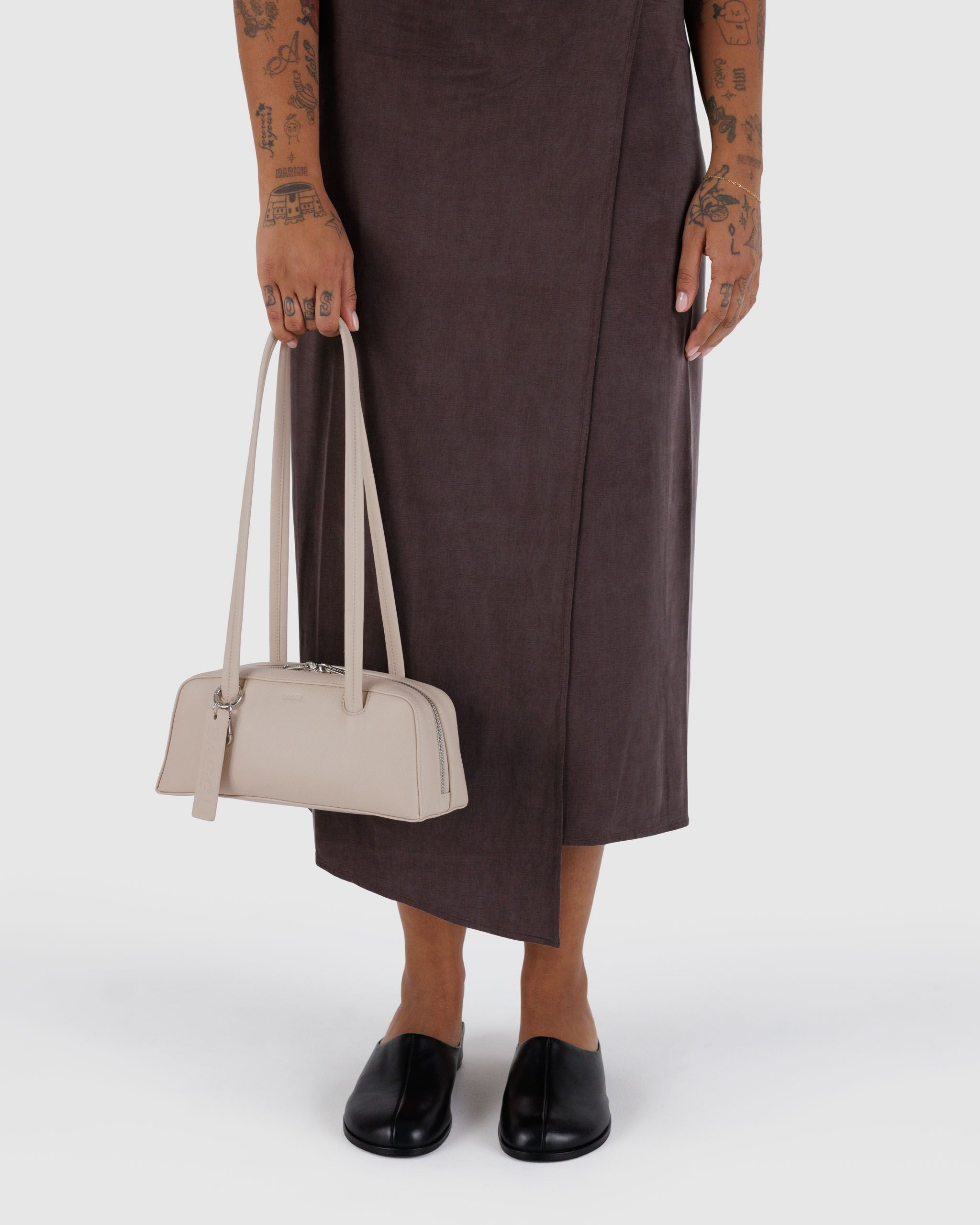 Small Recycled Leather Bowler Bag - Stone - Image 3