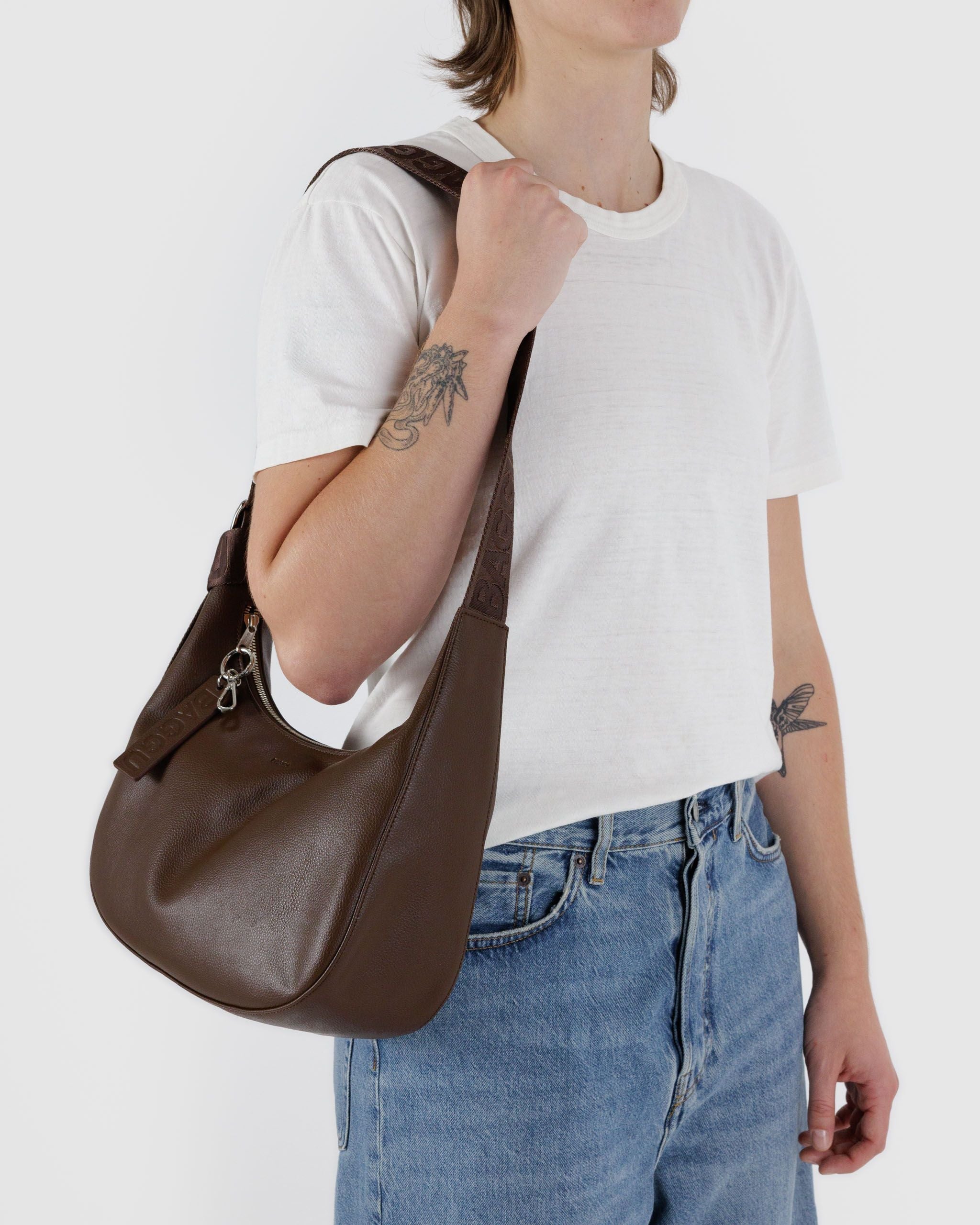 Medium Recycled Leather Crescent Bag - Brown - Image 3