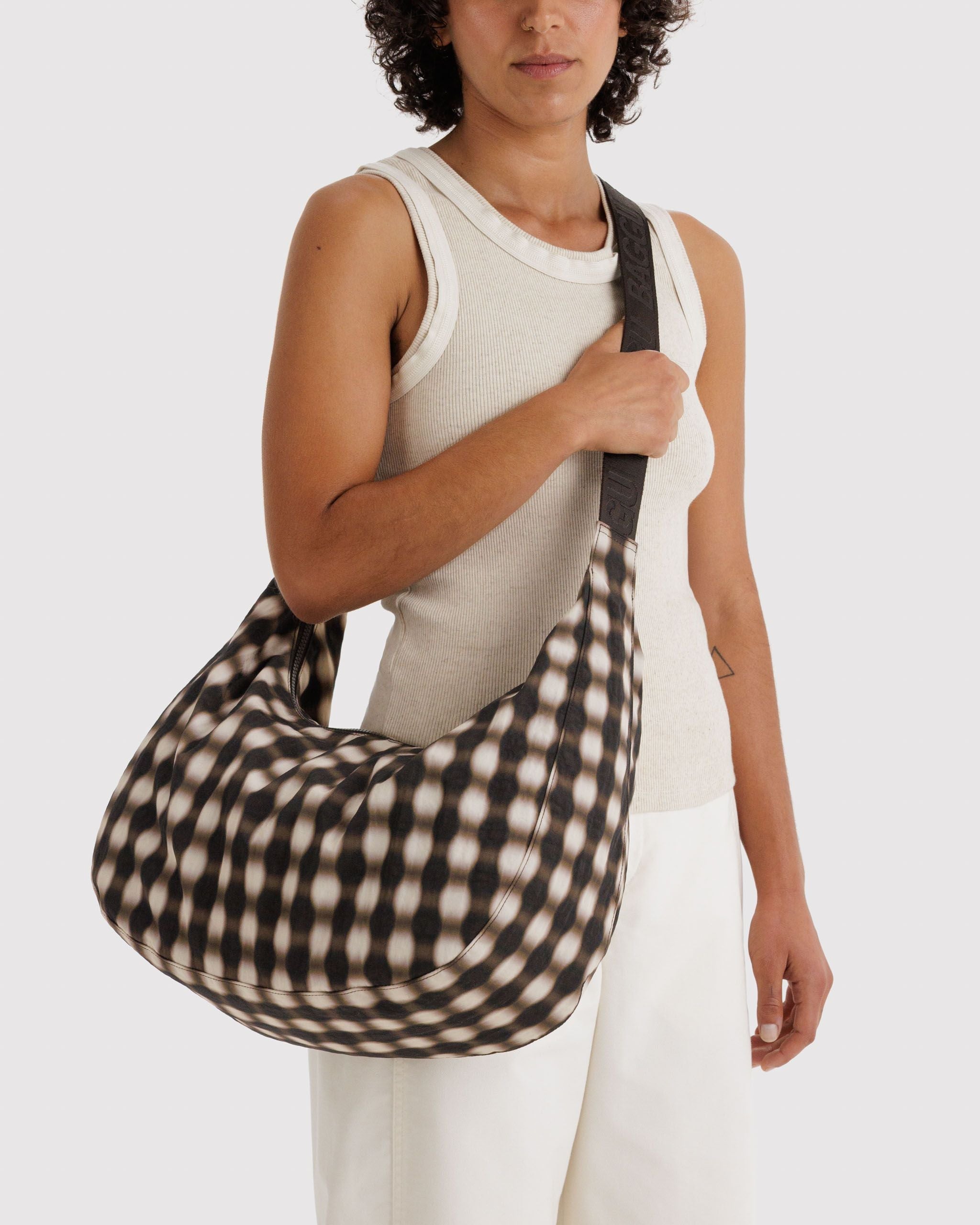Large Nylon Crescent Bag - Blurred Gingham Brown - Image 2