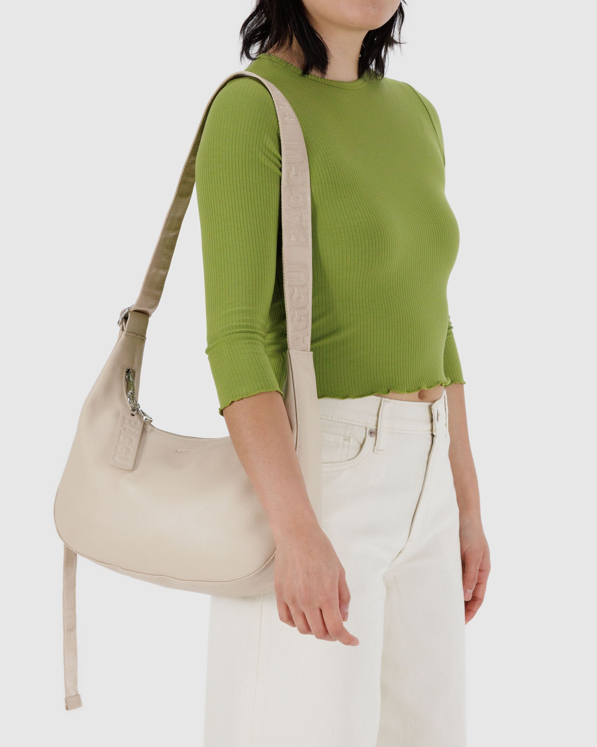 Medium Recycled Leather Crescent Bag - Stone - Image 3