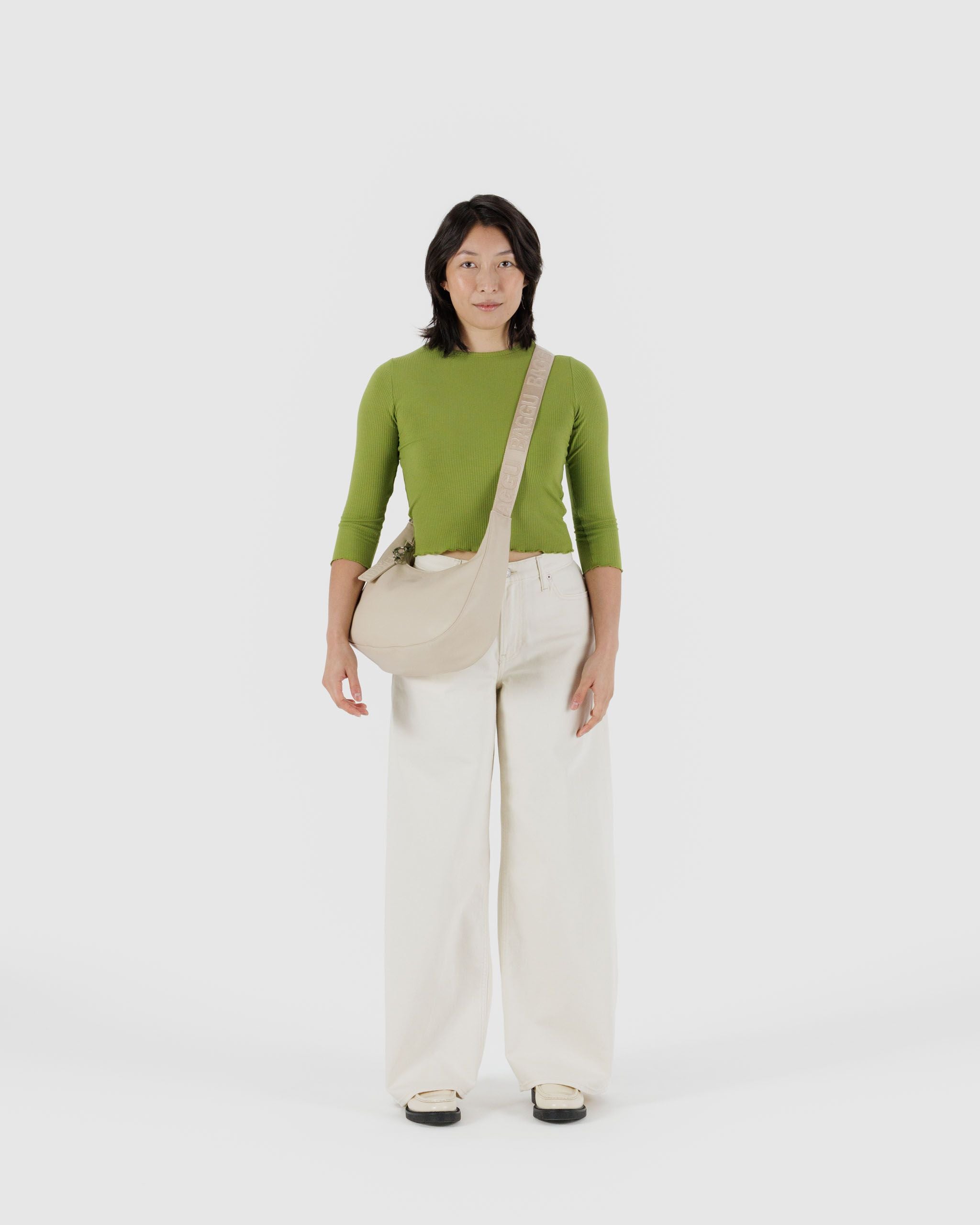 Medium Recycled Leather Crescent Bag - Stone - Image 2
