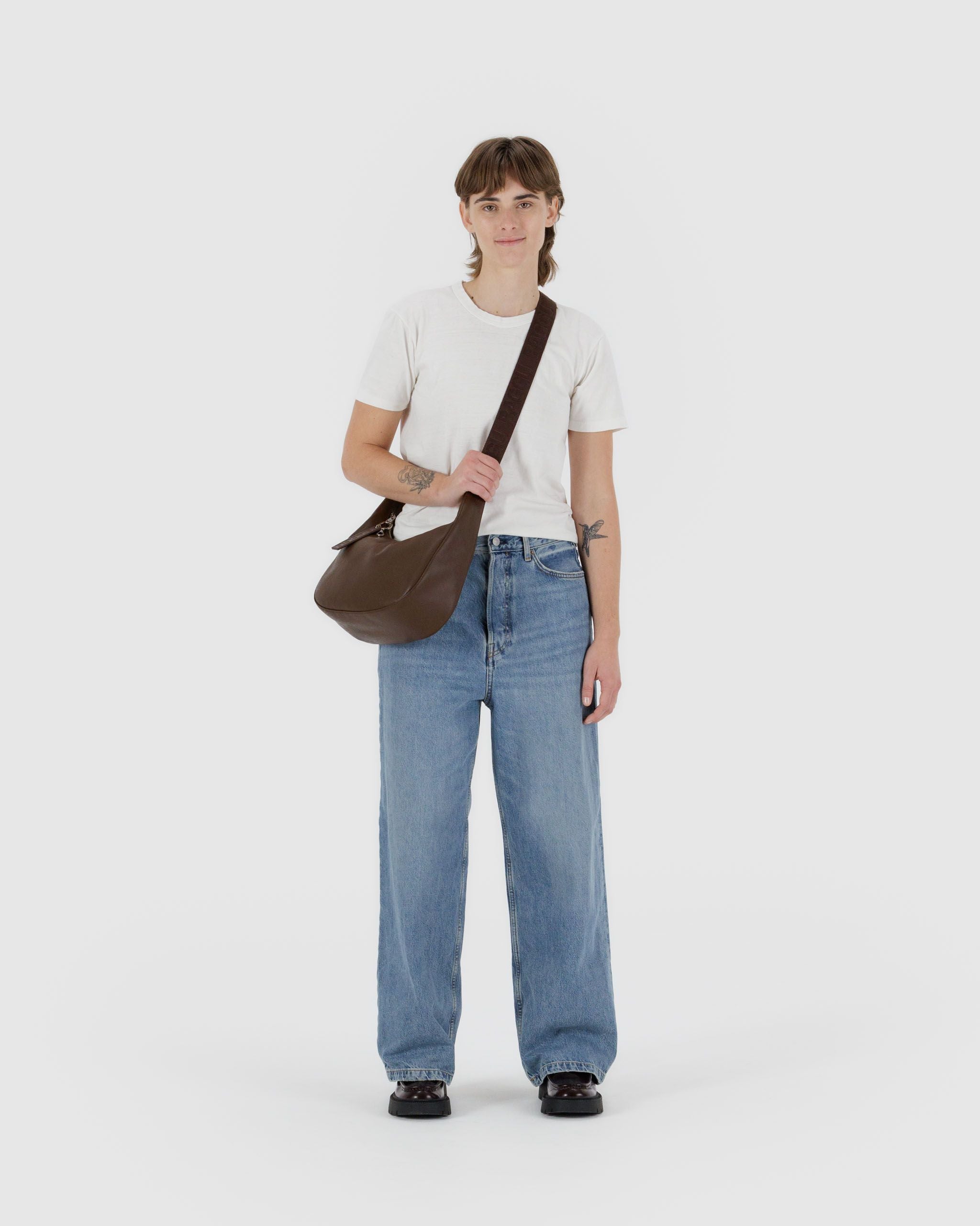 Medium Recycled Leather Crescent Bag - Brown - Image 2